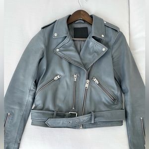 All Saints Balfern Leather Biker Jacket blue gray (100% genuine sheep leather)